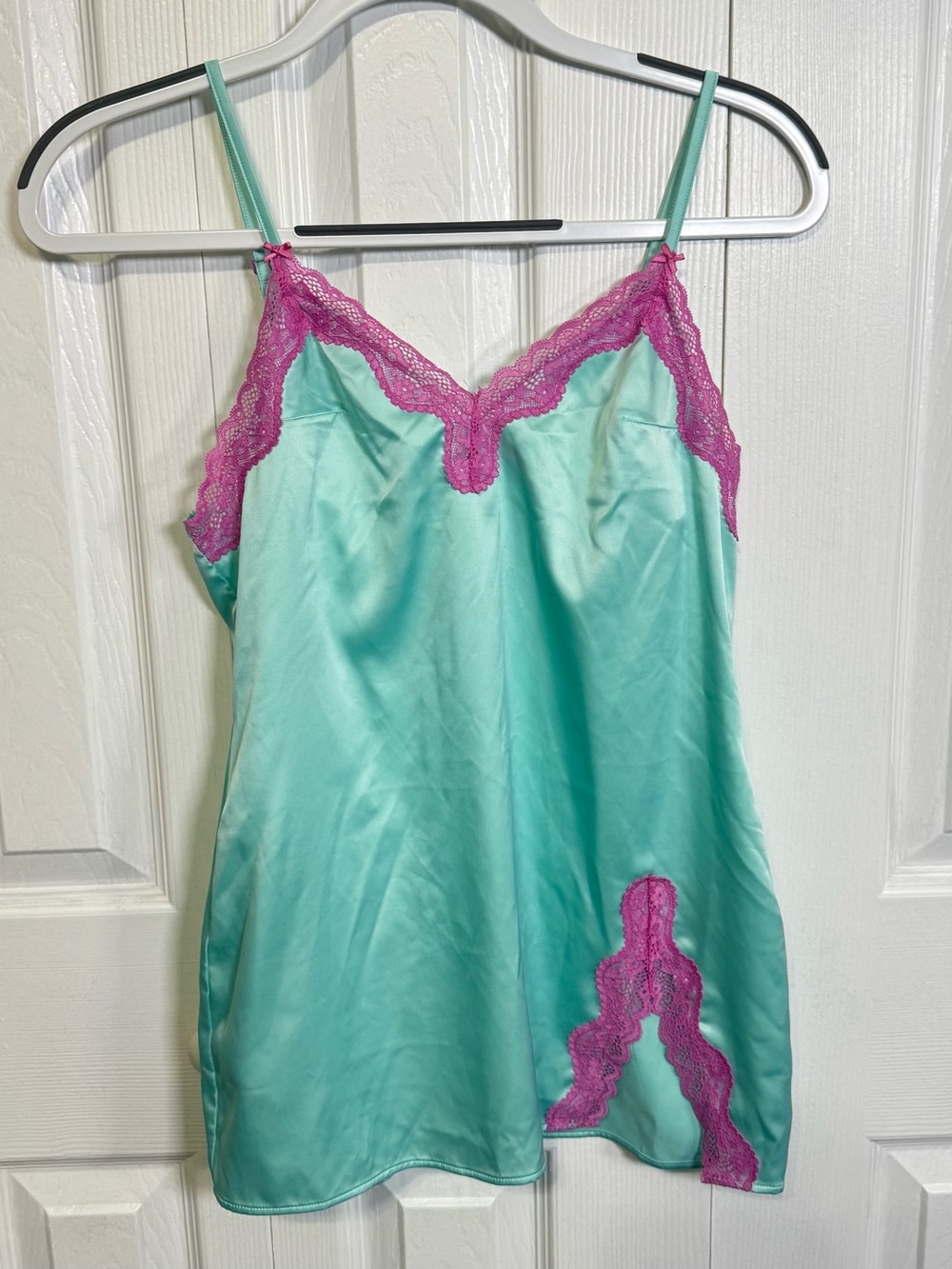 Victoria’s Secret Aqua Satin Pink Lace Slip Small